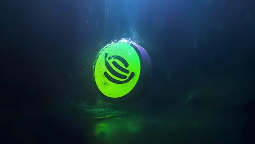 Futuristic glowing green crypto coin underwater digital art.