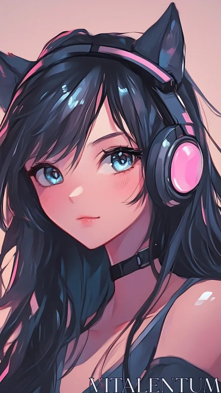 Digital portrait of cat ear headphone anime character.