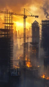 Burning high-rise construction cranes against toxic sunset