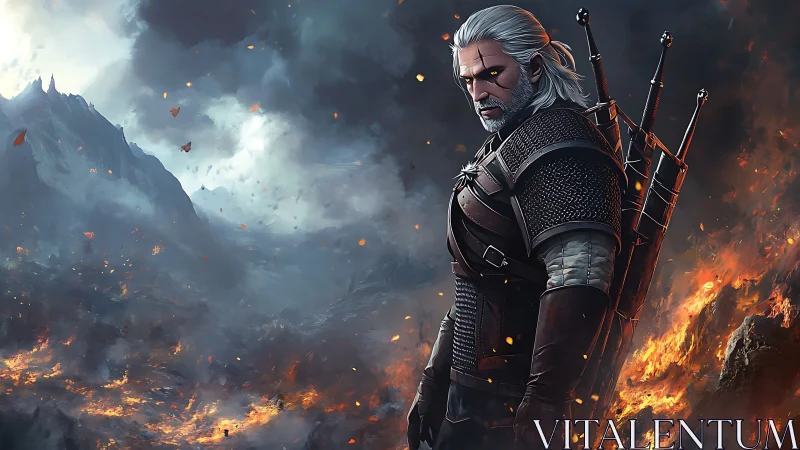 Armored swordsman stands amid burning battlefield under storm clouds