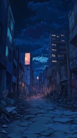 Postwar urban ruin alley under deep cobalt night sky