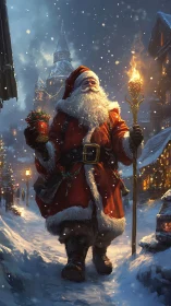 Santa in torchlit snowfall walking through festive village.