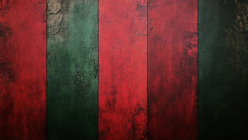 Red and green textured vertical stripes on worn wall.