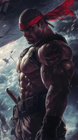 Muscular warrior with red headband against stormy sky.