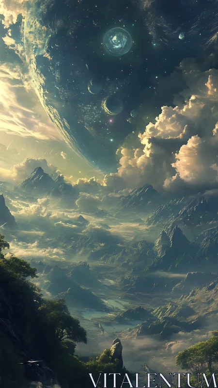 Epic alien vista with suspended planetary skybox composition.