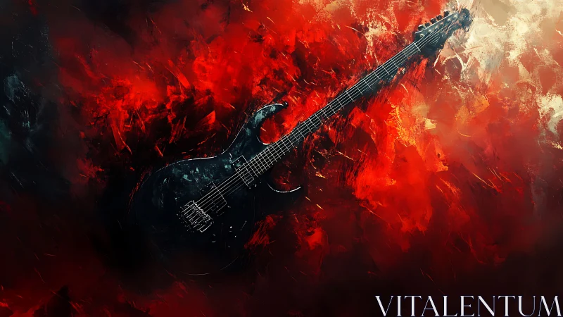 Electric guitar suspended in fiery abstract red field.