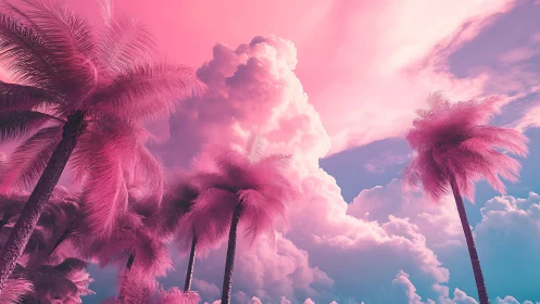 Pink palm trees stand under dense pastel clouds at sunset
