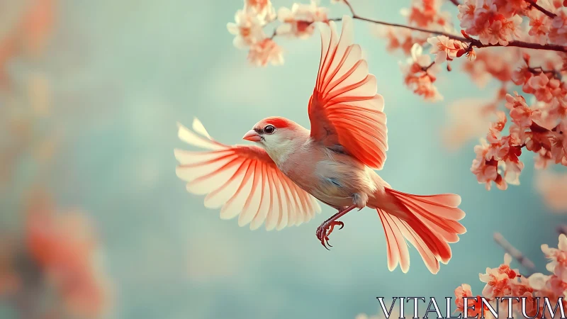 Coral-winged songbird hovers among soft pastel blossoms