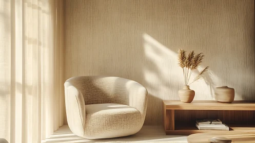 Soft sunlight warms minimalist lounge with cozy cream chair