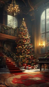 Grand Christmas tree glows warmly in an elegant manor hall