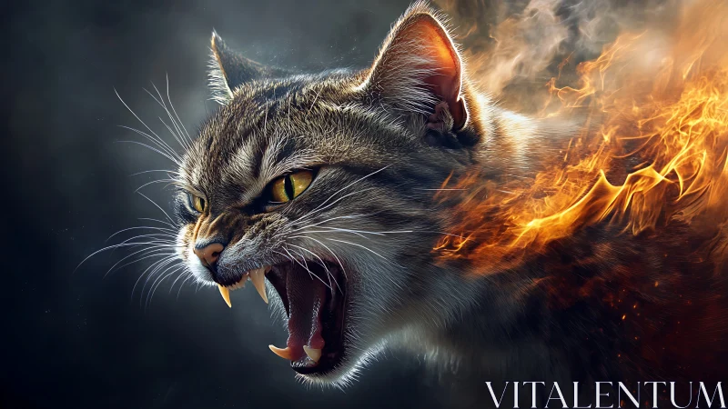 Photorealistic flaming cat portrait with dynamic motion blur.