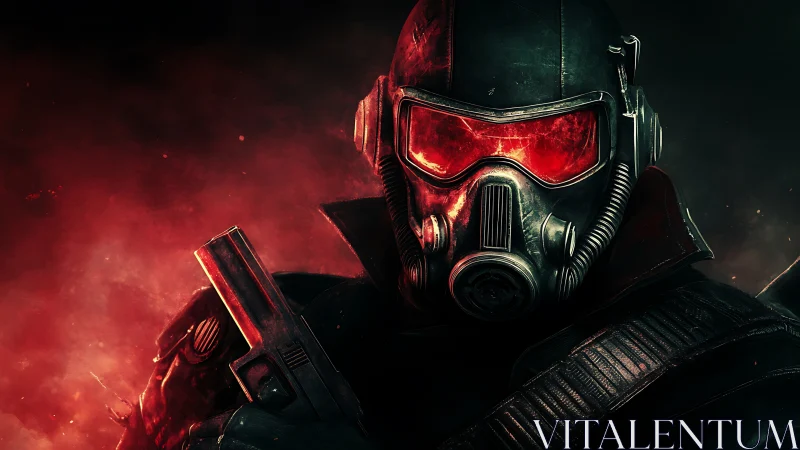 Crimson-visor wasteland trooper rising from radioactive fire.