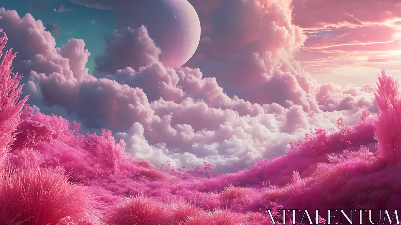 Celestial pastel landscape merges neon flora with towering clouds