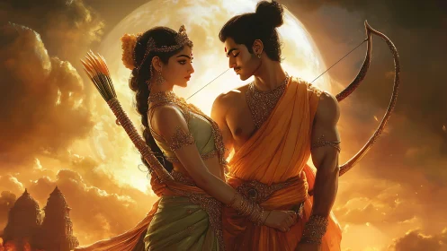 Mythic warrior couple before lunar backlight, digital painting.