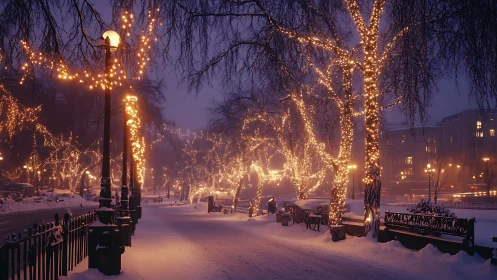 Snow-covered urban park path illuminated by dense warm fairy lights