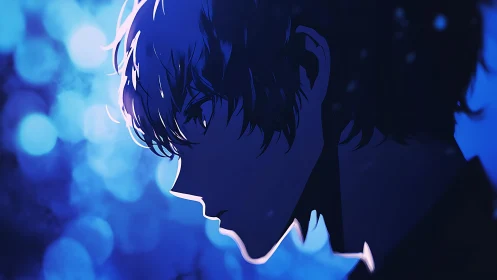 Melancholic anime profile framed by blurred blue bokeh light