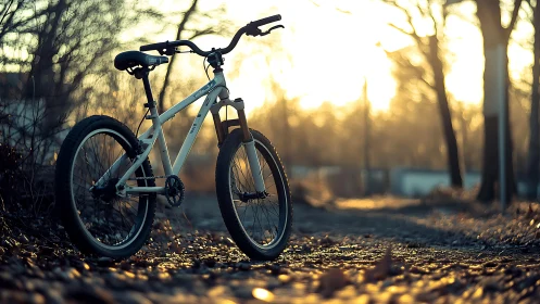 Mountain Bike Positioned Against Golden Hour Forest Backdrop with Lens Flare