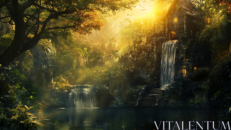 Fantasy woodland retreat with cascading waterfalls composition.
