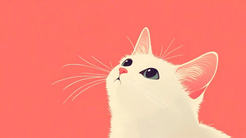 White Cat Looking Upward Against Coral Background