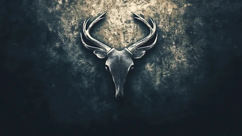Metallic stag skull emblem on textured grunge stone wall.