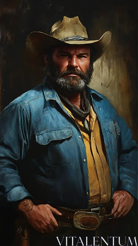 Oil portrait of rugged cowboy in denim shirt, waist-up framing.
