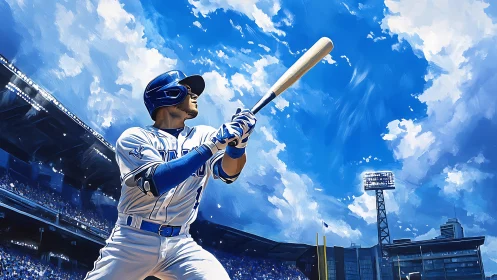 Sunlit batter gazes skyward, chasing a soaring home run.