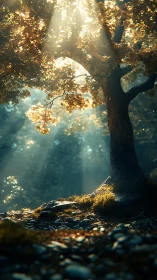 Sunlit forest tree under cinematic golden rays.