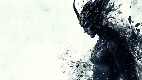 Dark armored humanoid dissolves into abstract ink splashes