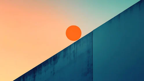 Geometric gradient skyline with tangent orange solar disk.