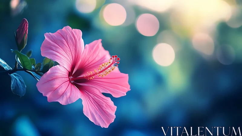 Hibiscus flower with pink petals and stamens against blue bokeh background.