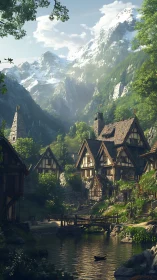 Mountain village with timber houses lies below steep snowy peaks