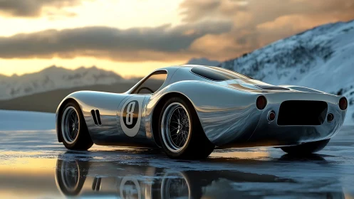 Retro race car on icy plateau at cinematic sunset glow.