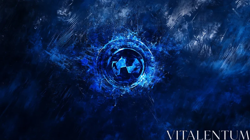 Radiant blue emblem shatters outward in an electric void