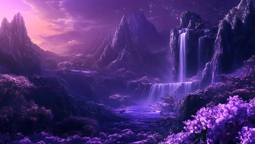 Violet fantasy valley with glowing waterfalls and peaks.