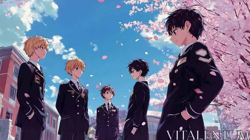 Spring uniform standoff under drifting cherry blossom skies.