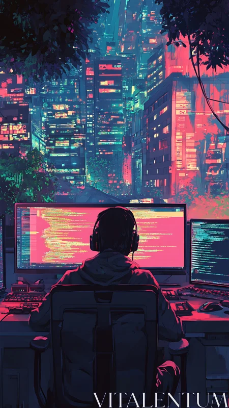 Night coder at multi-monitor desk in neon city office.