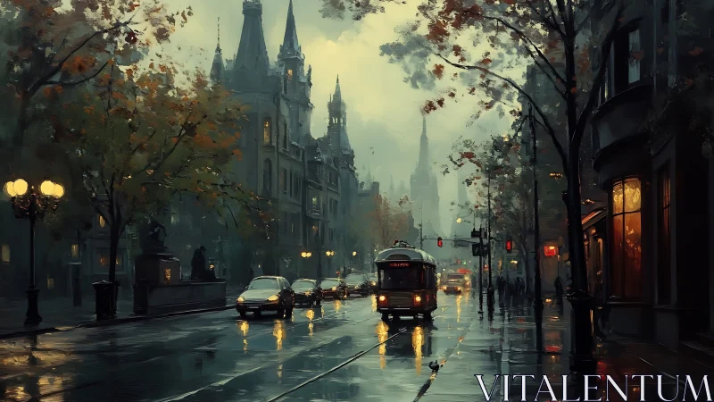 Rain-soaked city street shows tram and cars under dim lights