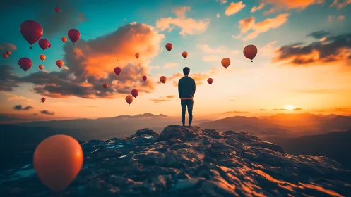 Solitary figure on rocky summit with drifting red balloons.