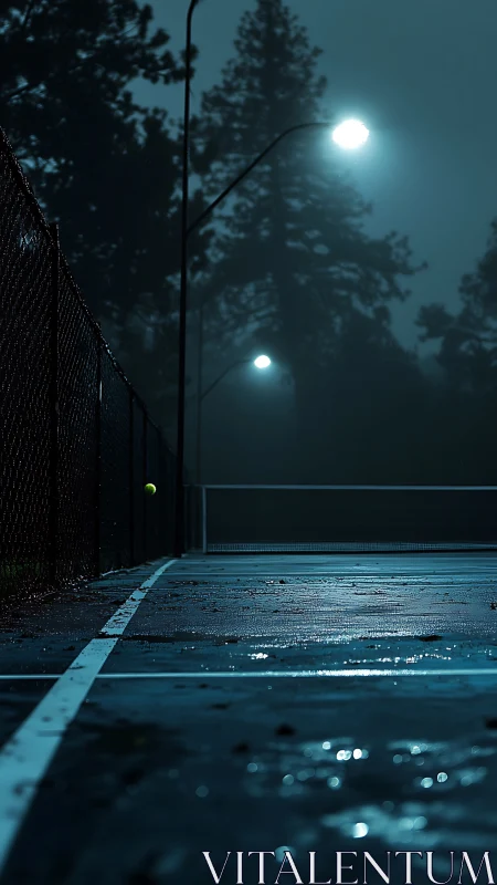 Midnight tennis court gleams while fog swallows the pines
