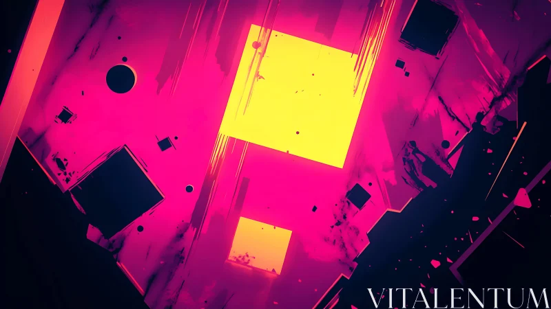 Neon void squares with floating geometric fragments glow.