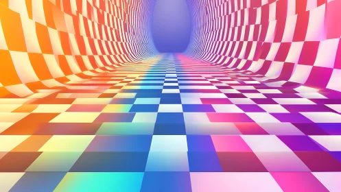 Curved multicolor checker tunnel with depth-gradient lighting