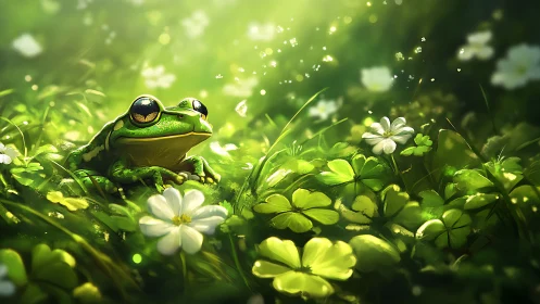 Sunlit green frog rests in clover meadow with luminous bokeh