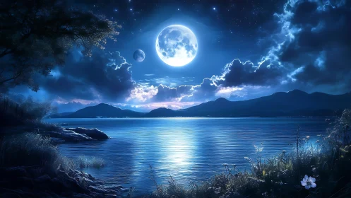 Luminous twin-moon lakeshore under deep nocturnal sky panorama.
