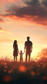 Silhouetted parents and child stand in field at sunset