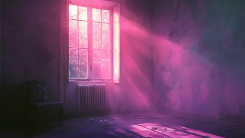 Pink light floods abandoned room through tall window.