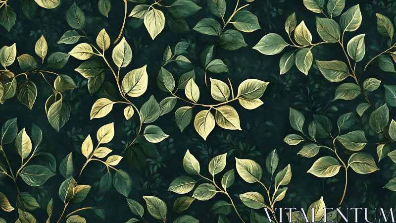 Green and gold leafy branches on dark patterned surface.