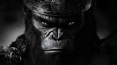 Monochrome simian warlord portrait in dramatic 3D lighting.