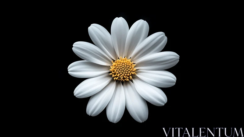 White Daisy with Golden Center Against Black Background. Botanical Study.