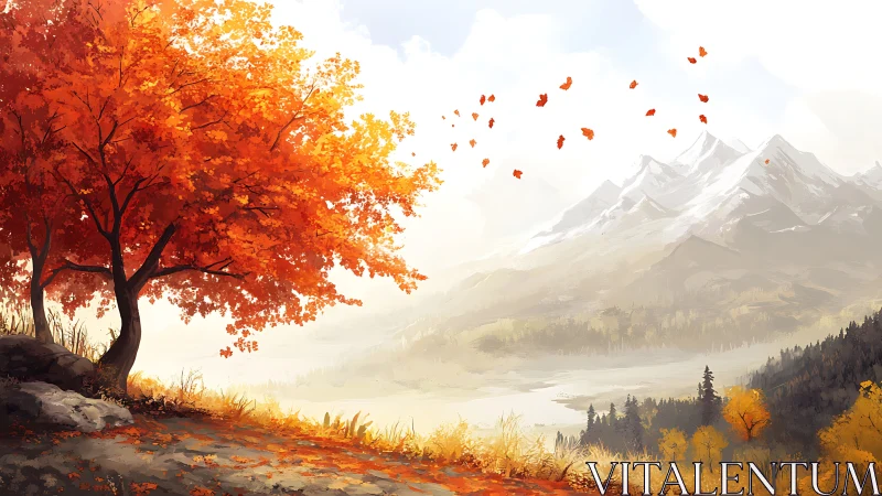Autumn maple overlooks misty valley and snow mountains.