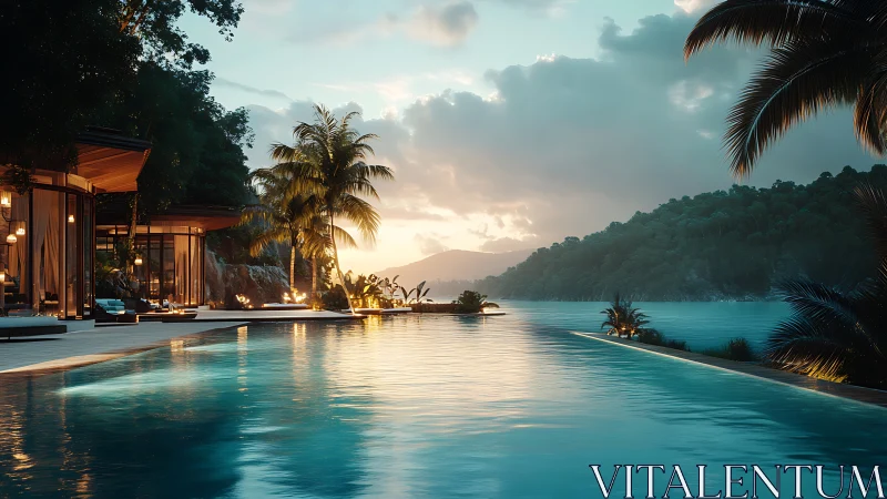 Sunset infinity pool retreat by a tranquil tropical bay.
